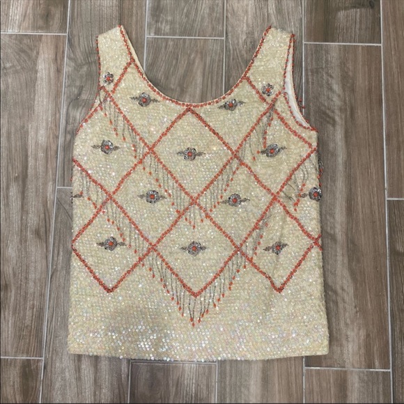 Vintage Tops - Vintage beige orange western sequin tank blouse